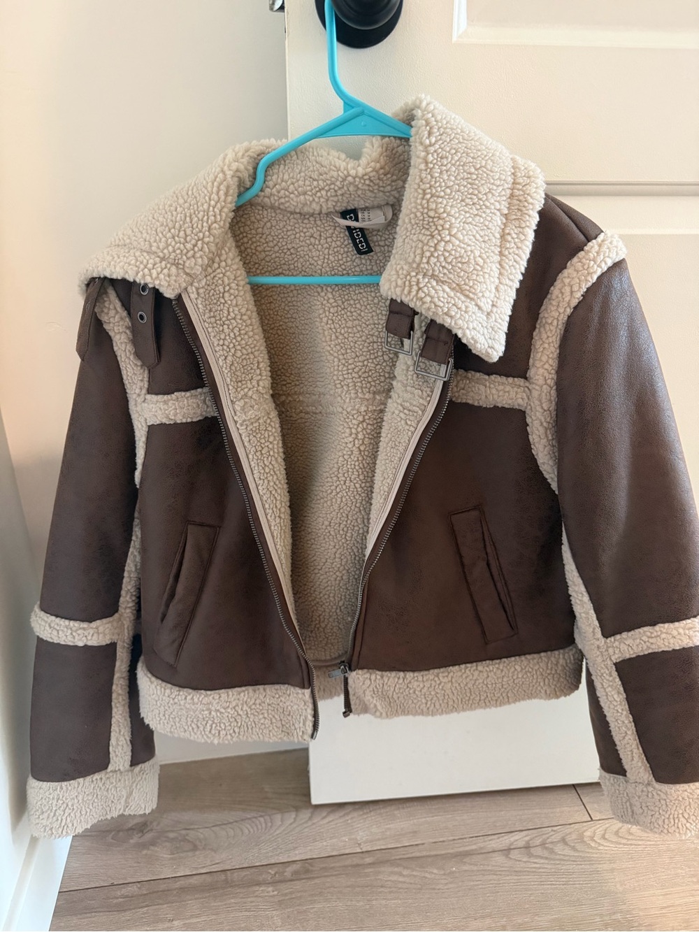 Women’s Cropped Brown Faux Shearling Jacket with Cream Trim